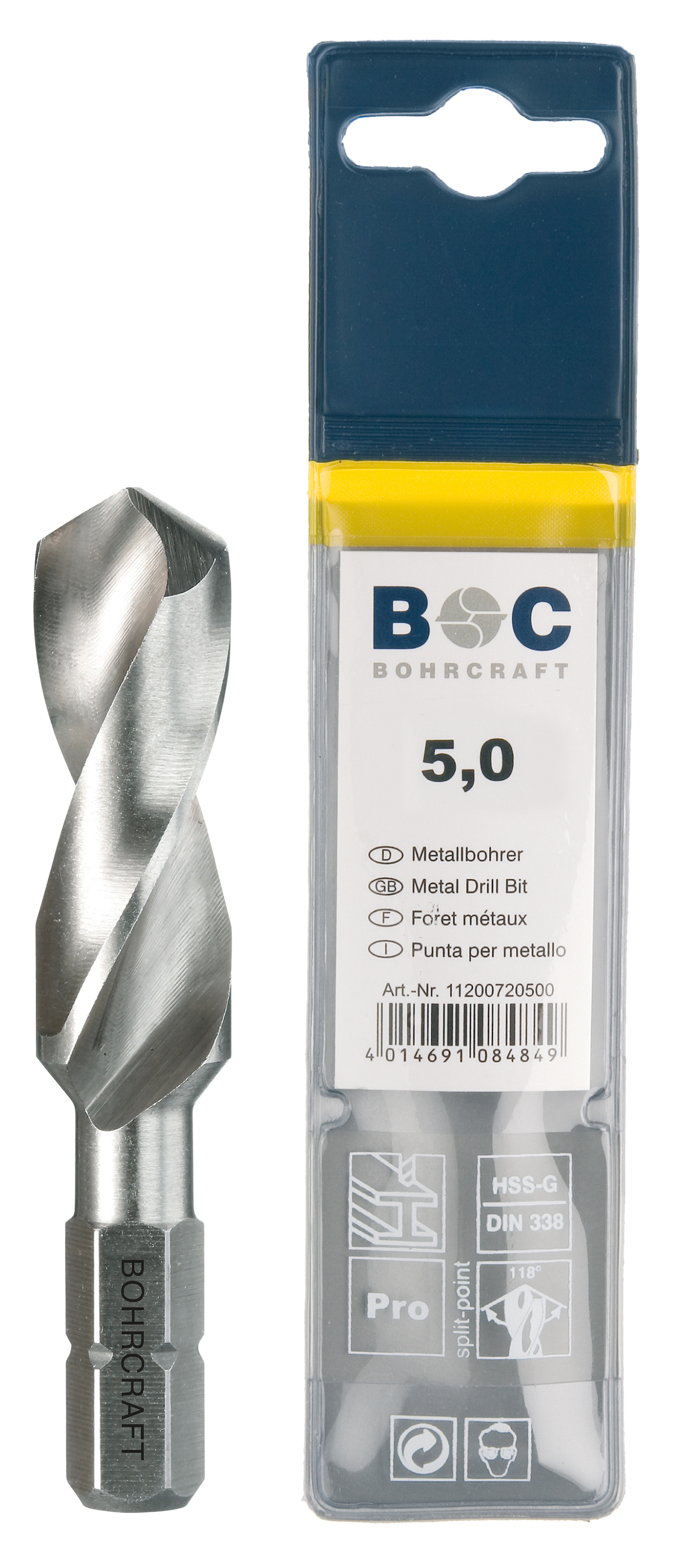 BOHRCRAFT 11040700500 HSS-G Helical Drill Bit, ground, Split Point, 1/4 hex shank, ø 5.0 mm pack of 1 pc