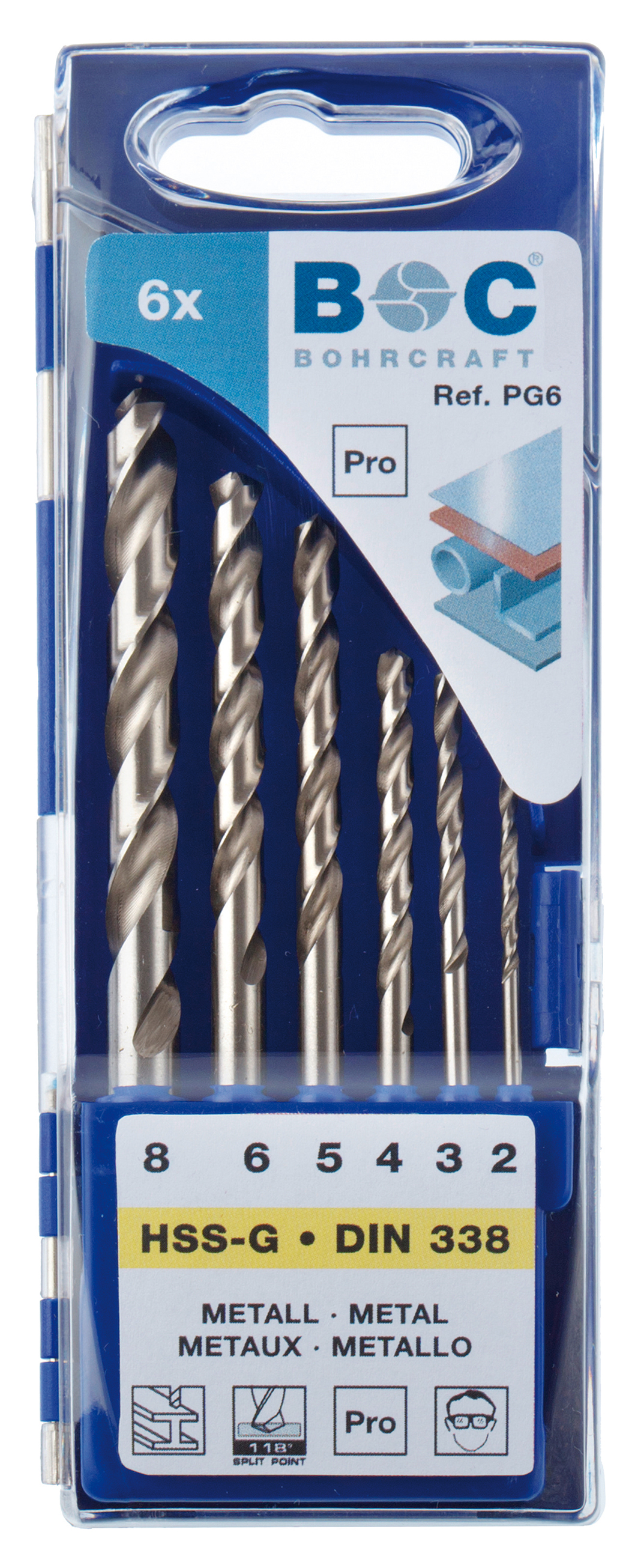 BOHRCRAFT 11201430006 Assortment of cylindrical HSS-G twist drill bits DIN 338 ground, Split Point 2-3-4-5-6-8 mm, 6 pcs