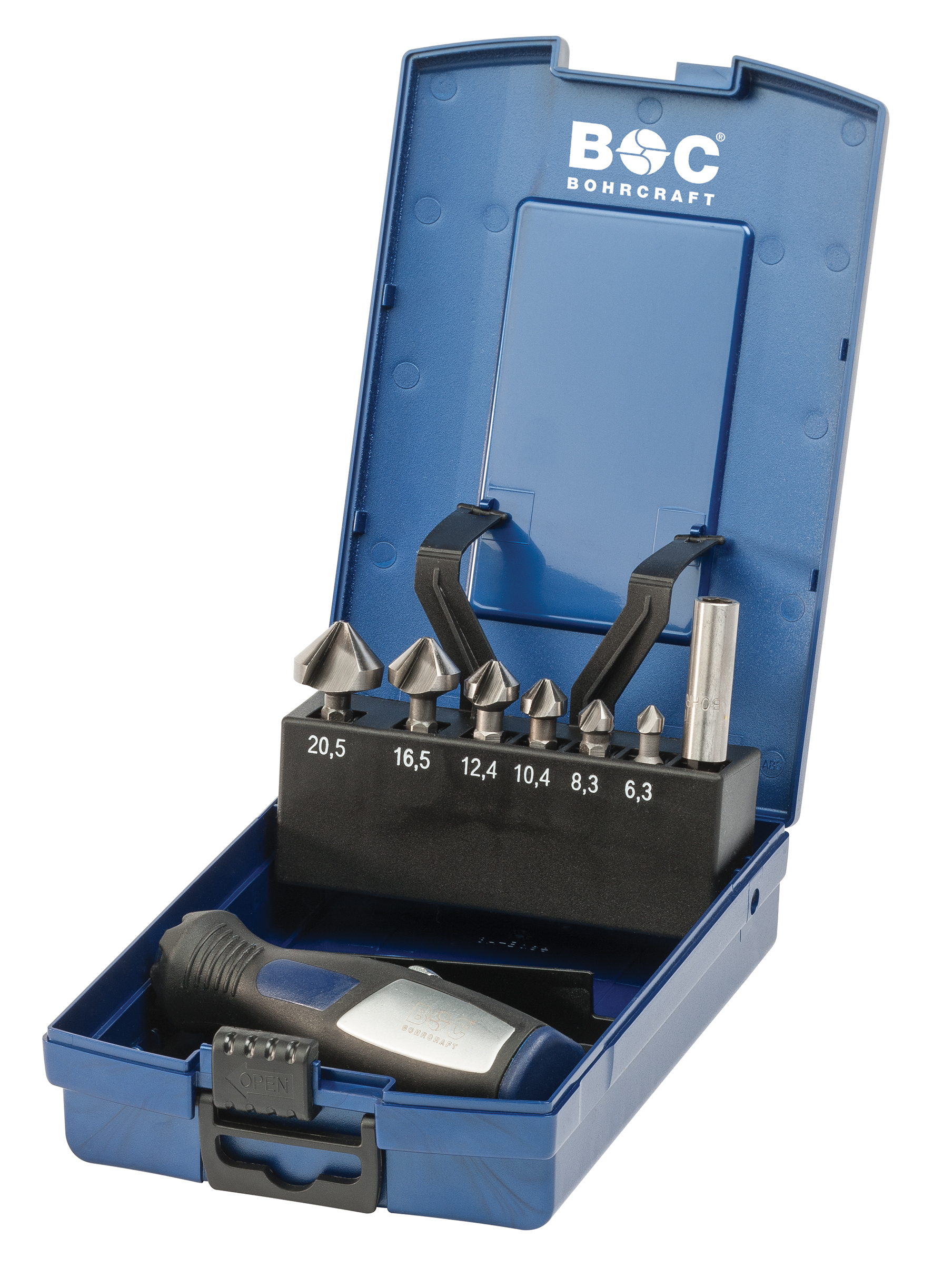 BOHRCRAFT 17051330006 HSS-G Countersink Set 90°, 1/4" Hex Shank ø 6.3/8.3/10.4/12.4/16.5/20.5 mm, 8 pcs, ABS case