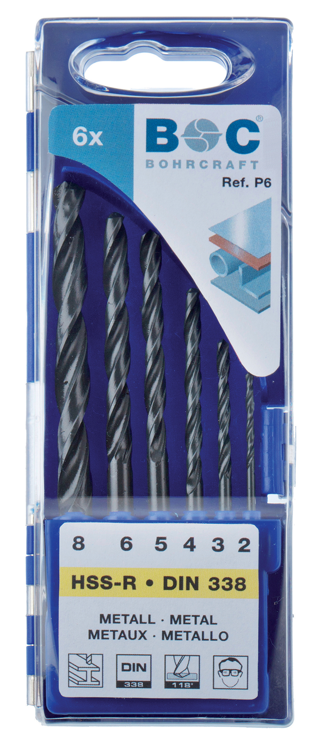 BOHRCRAFT 11001430006 Assortment of cylindrical HSS twist drill bits DIN 338, ground, 2-3-4-5-6-8 mm, 6 pcs, plastic case