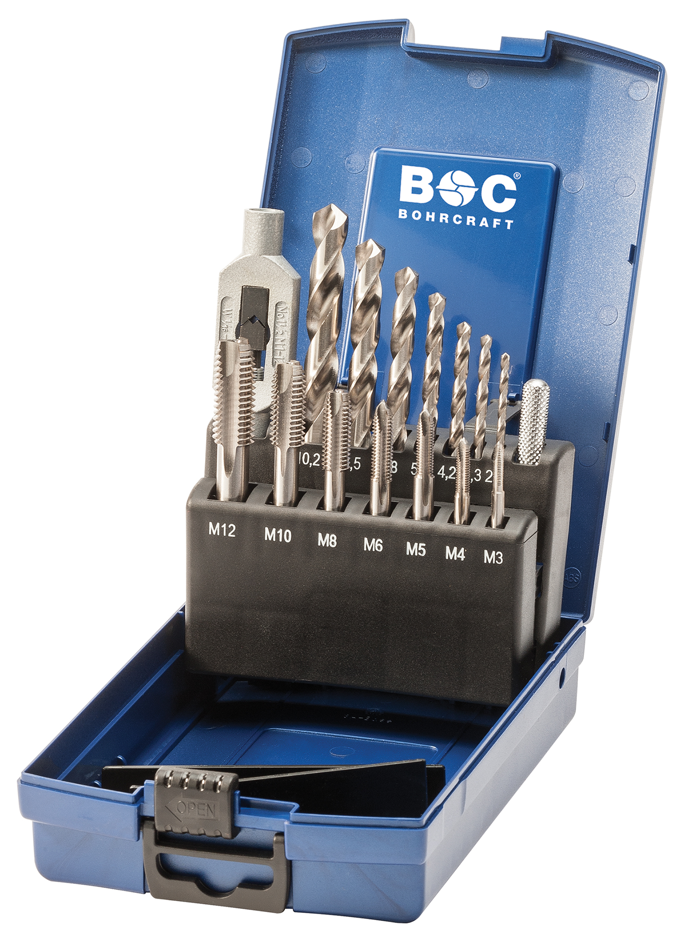 BOHRCRAFT 41201330015 Set of 7 machine taps HSS-G DIN352 + 7 drill bits HSS-G DIN338 + 1 hand tap wrench DIN 1814, 15 pcs
