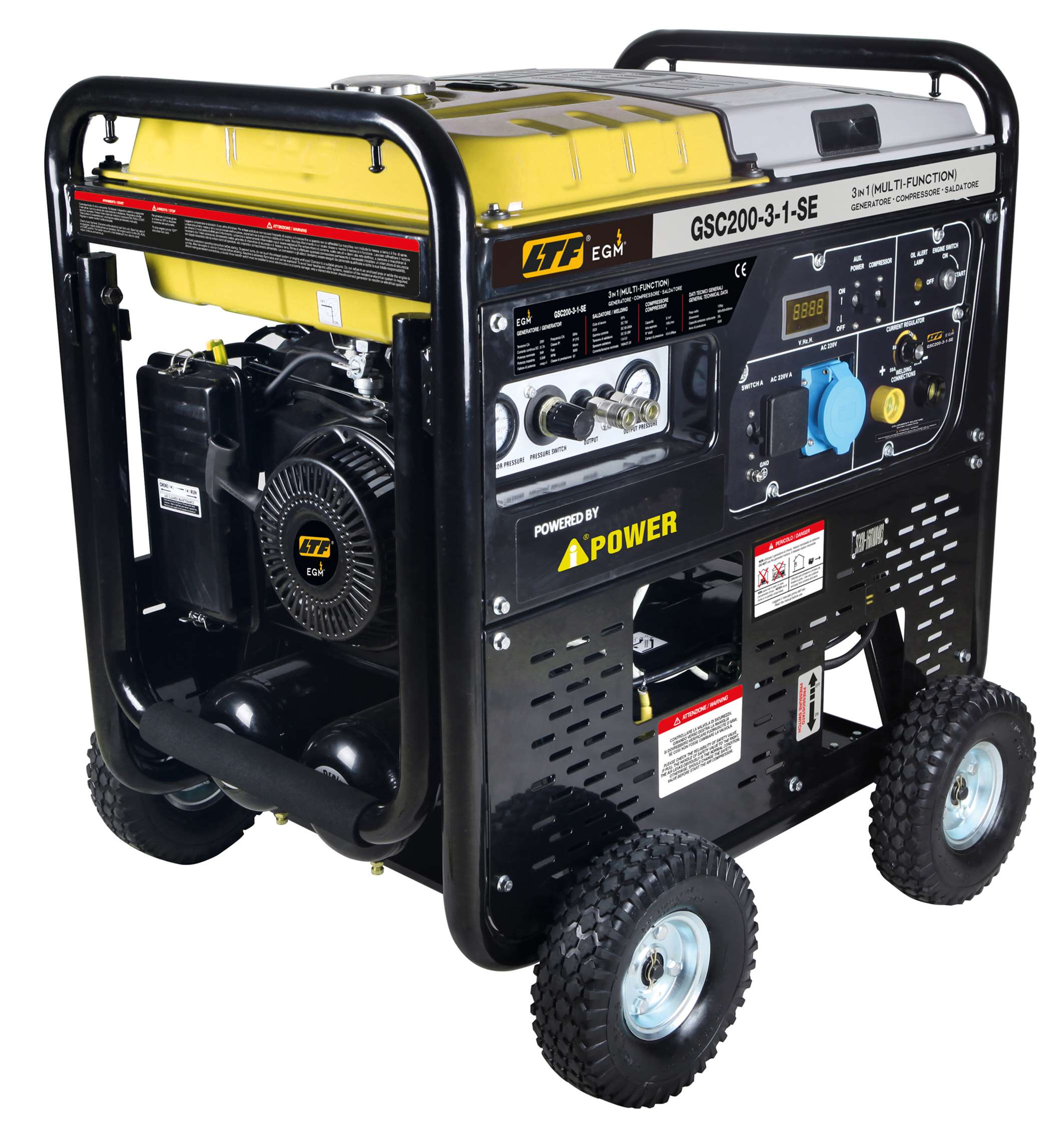 230V petrol generator, single-phase 5 kW, 5 kW power welder, 100 l/min compressor EGM GSC200-3-1-SE