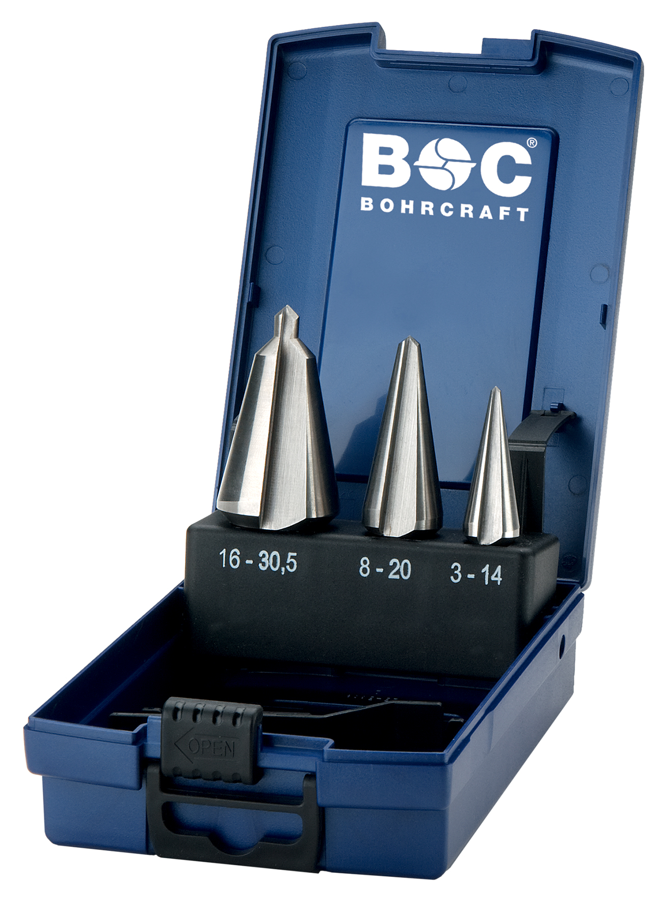 BOHRCRAFT 17431330003 Assortment of countersinks for sheet metal in HSS-E Co5 Grade 1/2/3, 3 pcs. ABS case