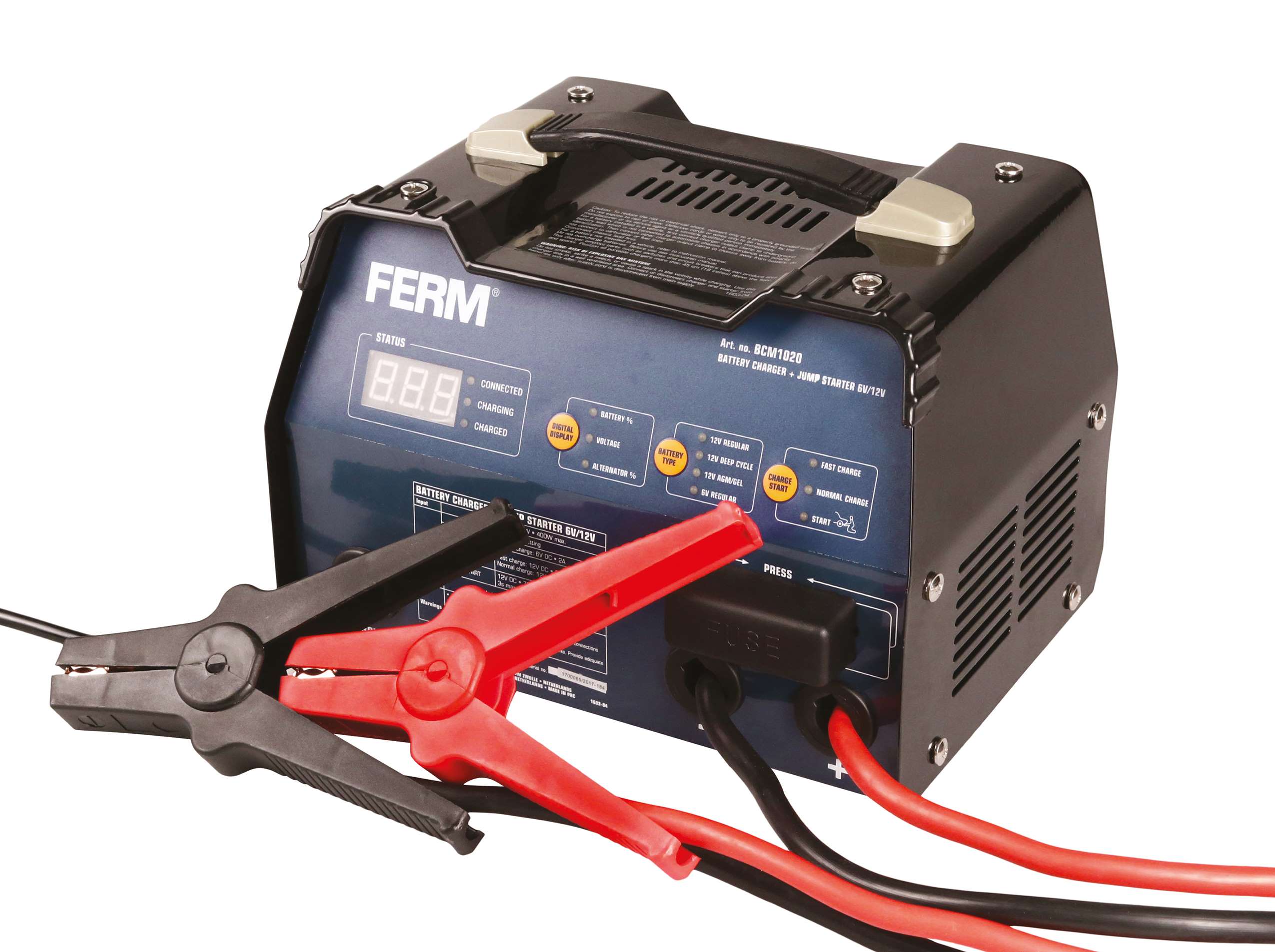 FERM BCM1020 Battery Charger/Starter 6-12V - charging current 2A, 6A, 12A, starter 75A - weight 6.75 kg