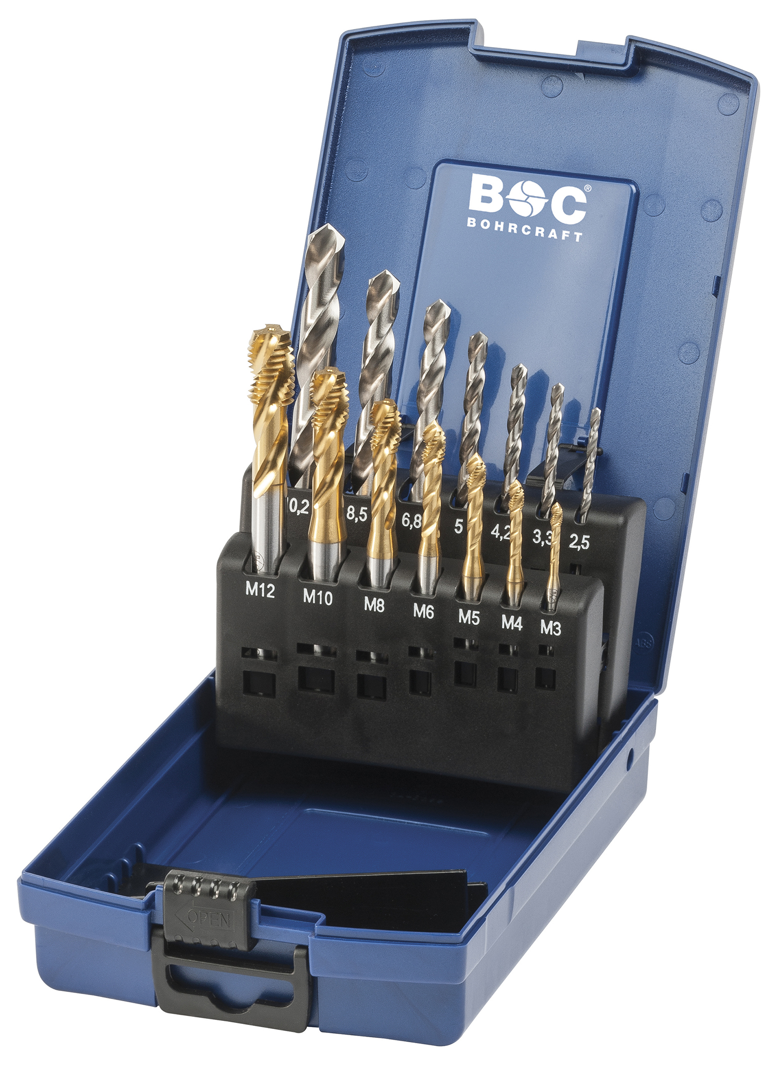 BOHRCRAFT 41471330014 HSS-Co5 TiN Machine Tap Set DIN 371, Form B M3-M12 - 14 pcs. ABS Case