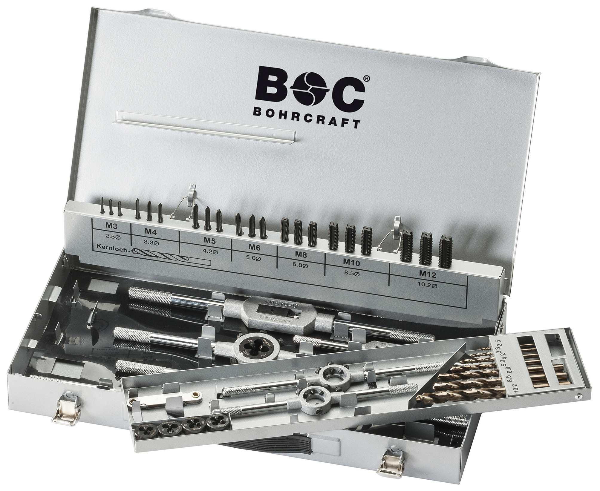 BOHRCRAFT 60011410044 Assortment 44 pcs, 21 hand taps DIN352, tap wrench, thread gauge, screwdriver, 7 drill bits