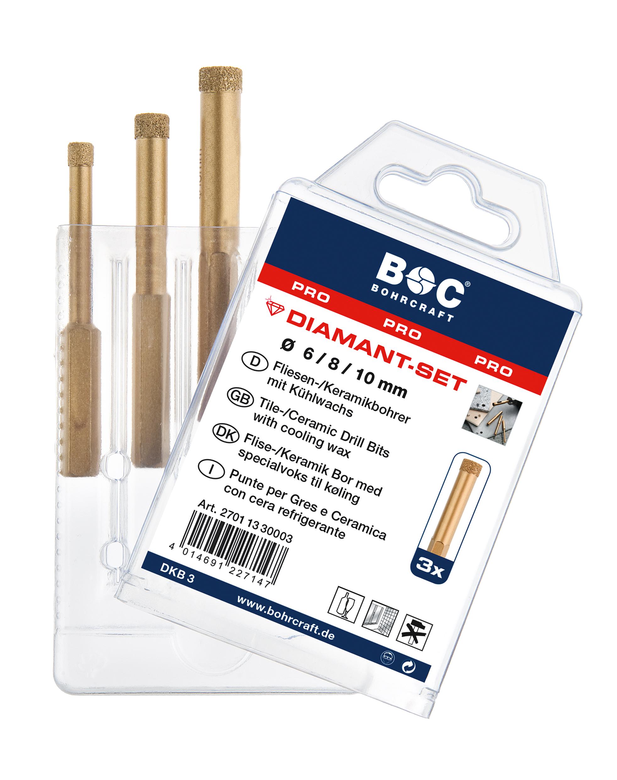 BOHRCRAFT 27011330003 Tile drill bit set with 6 mm hexagonal shank, 6 pcs. 2 x ø 6/8/10 mm Multi-pack packaging