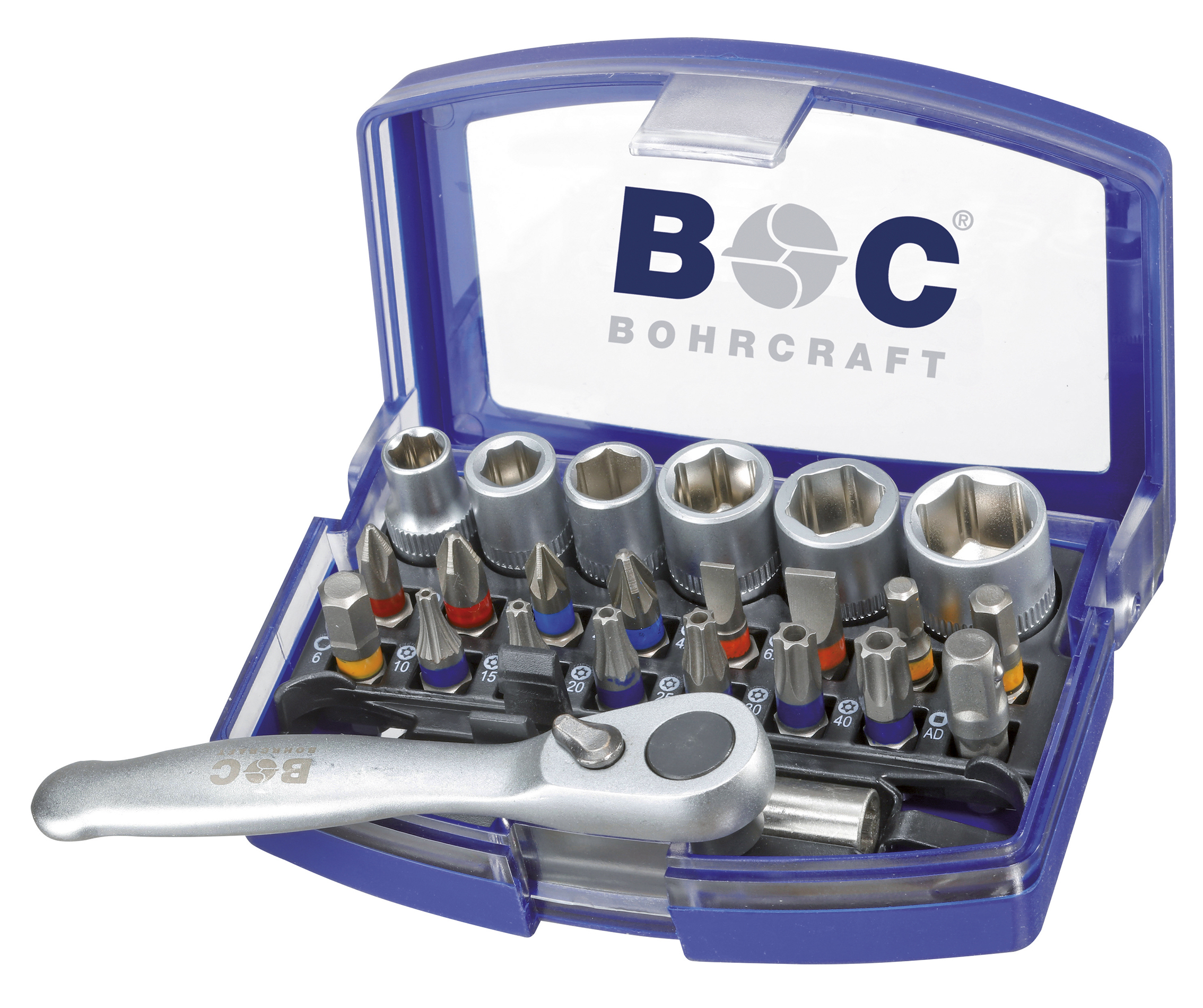 BOHRCRAFT 69001430023 Set 1 mini ratchet + 12 bits (Phillips/Pozidriv/Torx) + 2 hex bits + 3 flat bits + 3 sockets