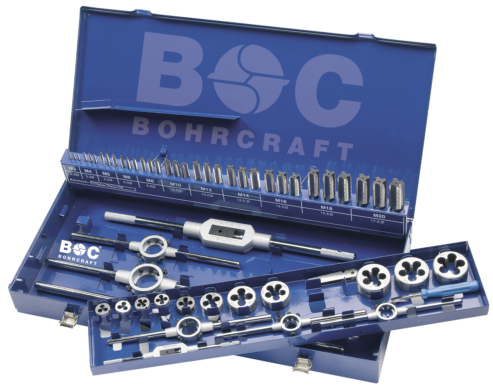BOHRCRAFT 60001410043 Assortment 43 pcs, hand taps set 2 pcs DIN2181 + 11 dies + die holder + tap wrench + thread gauge