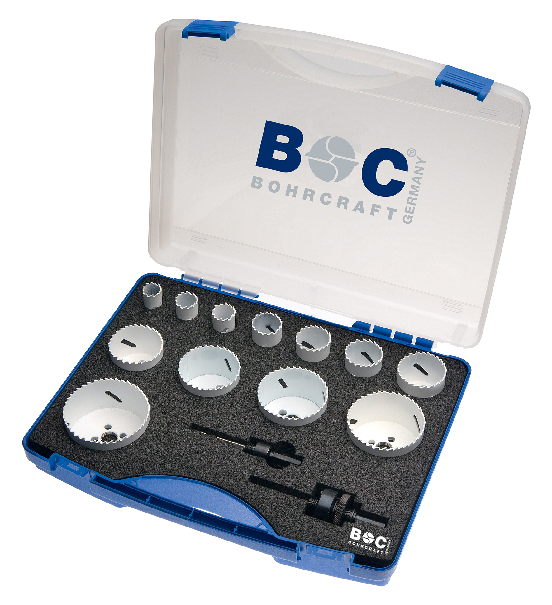 BOHRCRAFT 19011330014 Assortment of 12 HSS-E Co8 hole saws 19-76 mm + 2 attachments for cutters 14-30 + 32-210 mm, 14 pcs