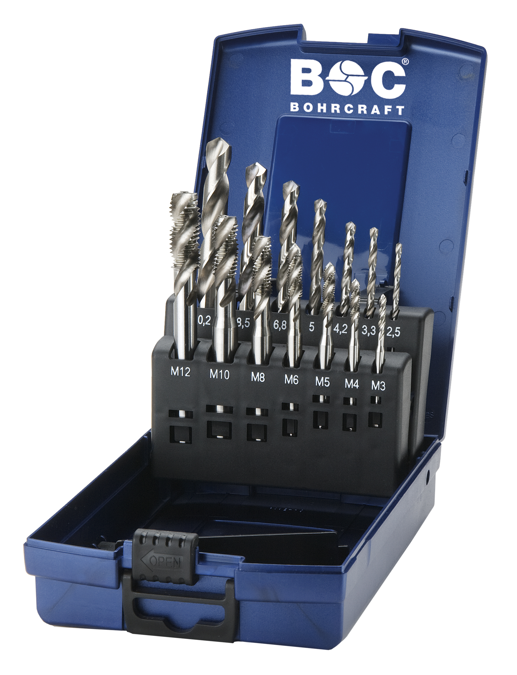 BOHRCRAFT 41401330014 Set of 7 HSS-G taps, form B, straight flutes, M3-M12, 7 DIN 338 HSS-G drills, 14 pcs