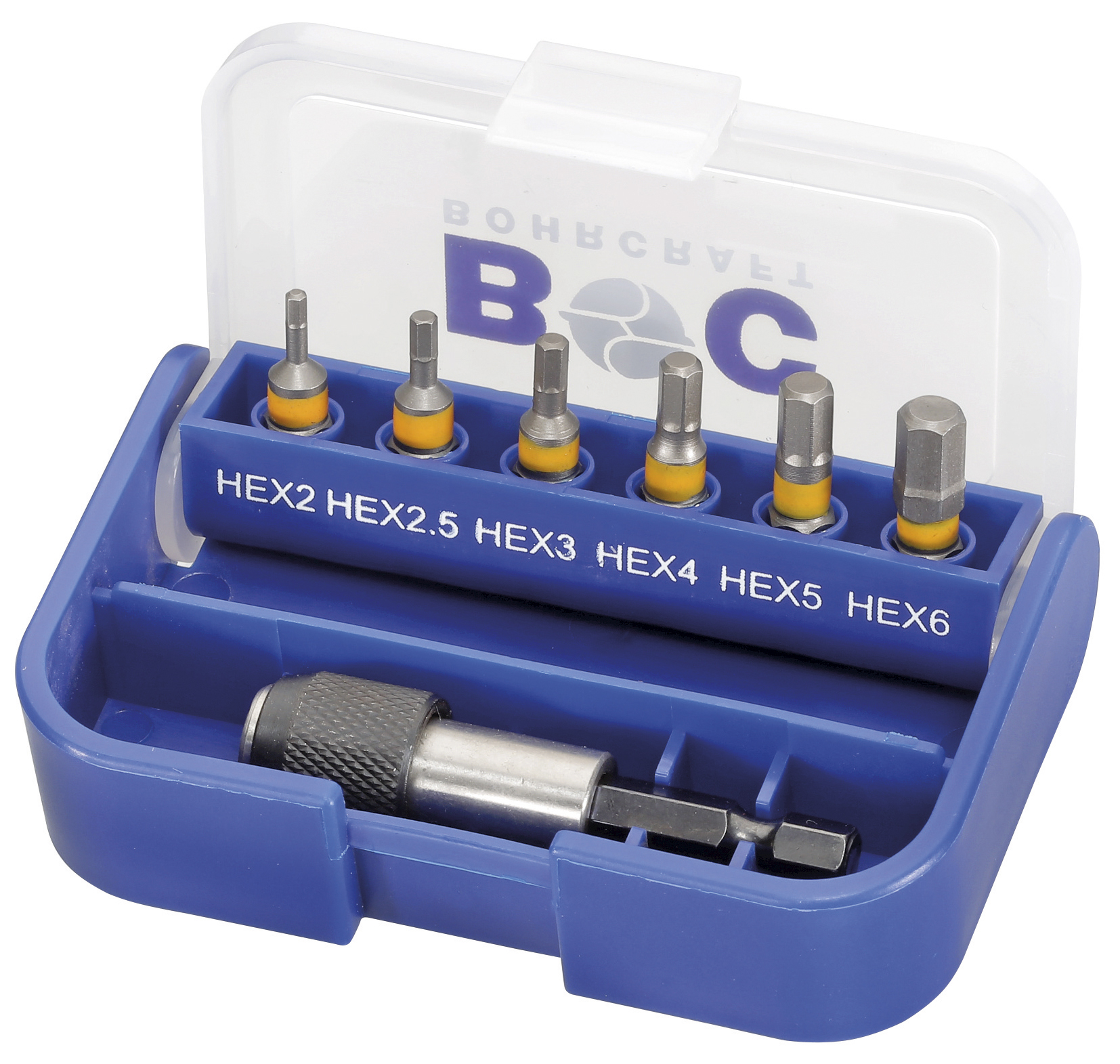 BOHRCRAFT 69001430072 Mini plastic box with inserts for hex screws and insert holder, 7 pcs