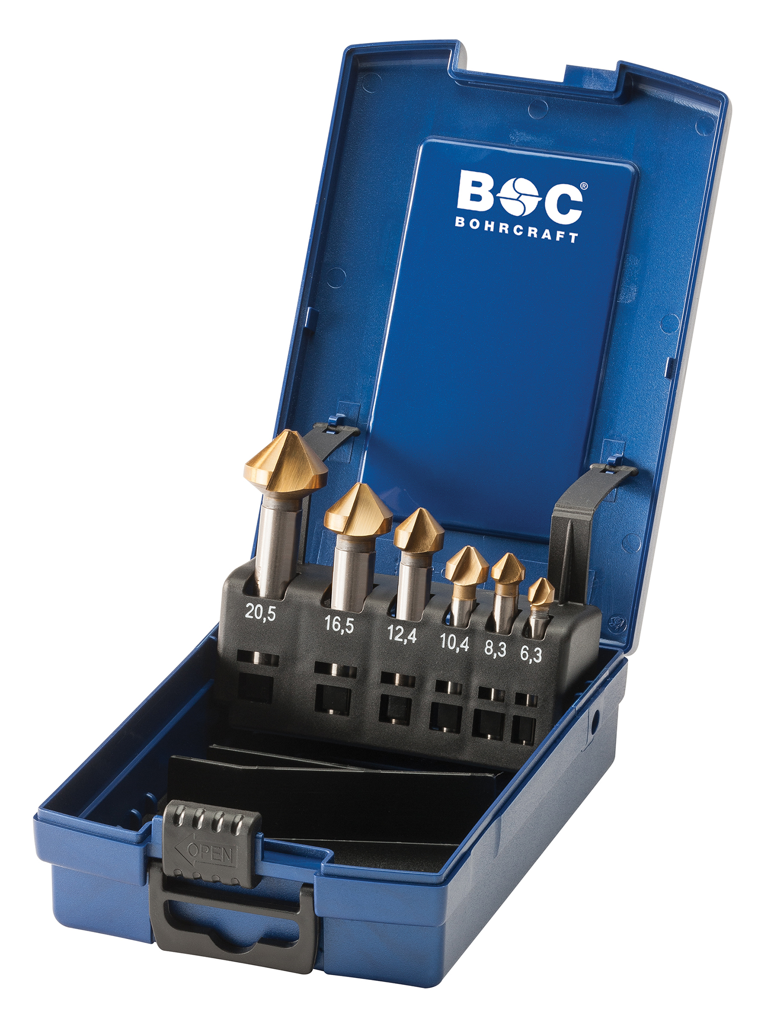 BOHRCRAFT 17021330006 Countersink Set 90° C Shape HSS-TiALN, 6.3/8.3/10.4/12.4/16.5/20.5 mm, 6 pcs, ABS case