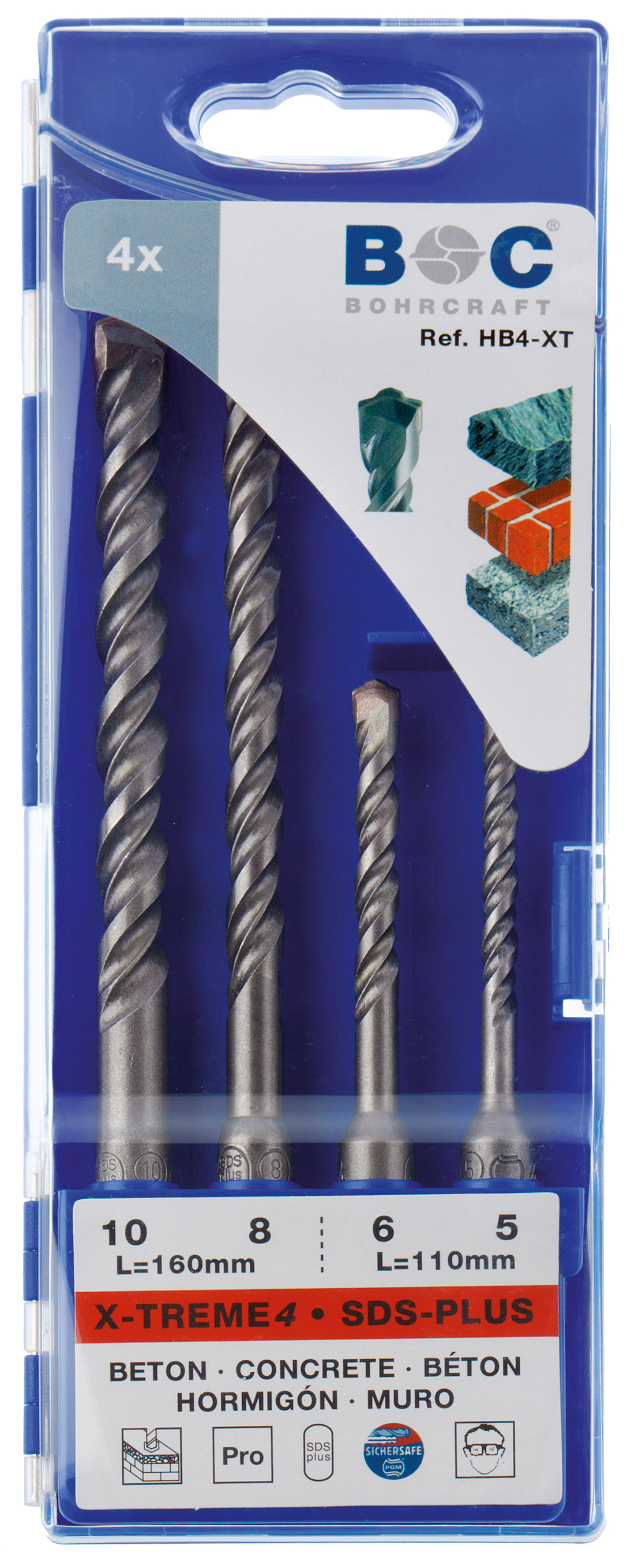 BOHRCRAFT 26101430004 SDS-PLUS Hammer Drill Bit Set, 5/6x110 mm-8/10x160 mm, 4 pcs. Plastic case