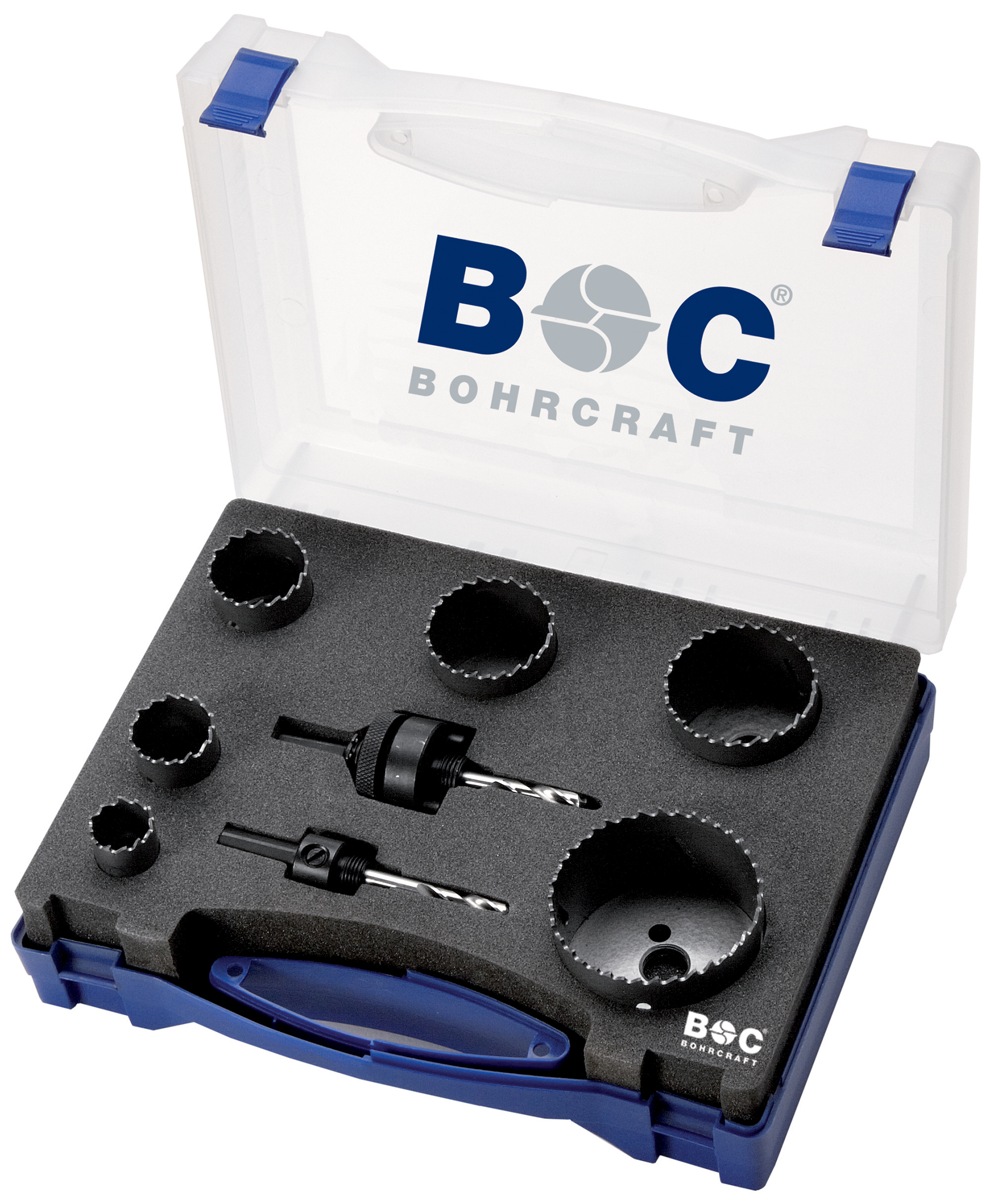BOHRCRAFT 19001430006 Assortment of 6 bimetal hole saws 22-68 mm + 2 attachments for routers 14-30 + 32-210 mm, 8 pcs