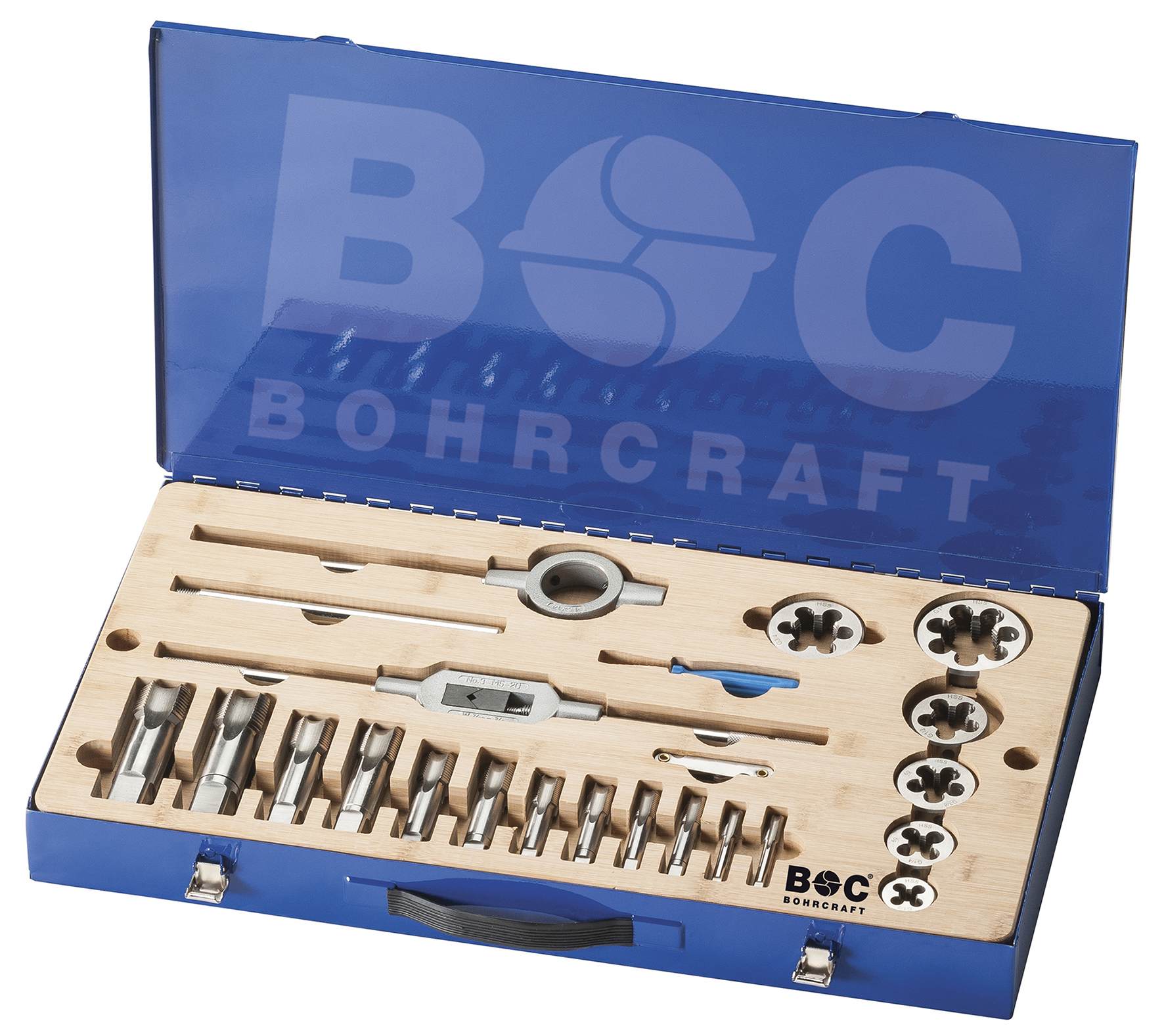 BOHRCRAFT 60001410025 Assortment 31 pcs, hand taps (3 pcs set) + 7 dies + 1 die holder + 1 tap wrench + 1 screwdriver