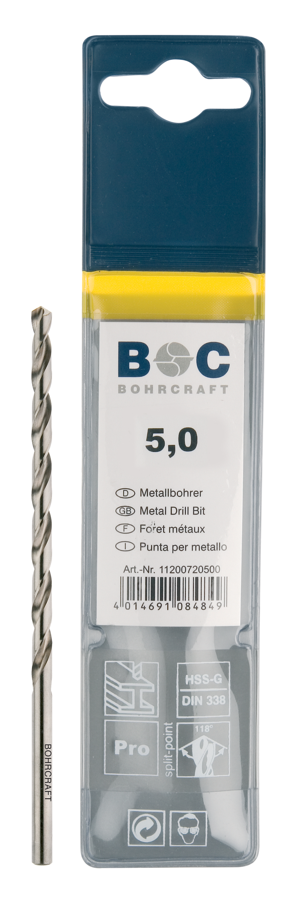 BOHRCRAFT 14000730400 Cylindrical Helical Point HSS-G DIN 1869 ground L=280 mm, L2=190 mm, ø 4.0 mm pack of 1 pc