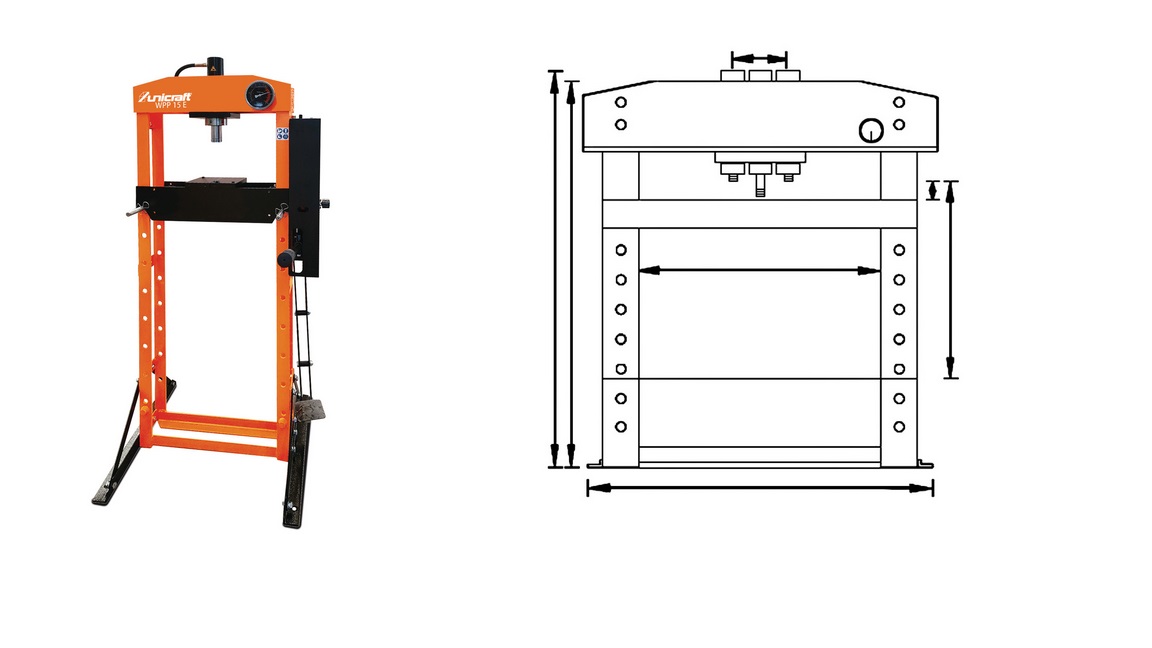 UNICRAFT 6300016 Hydraulic press with manual or pneumatic foot pedal activation, compression force 15 t