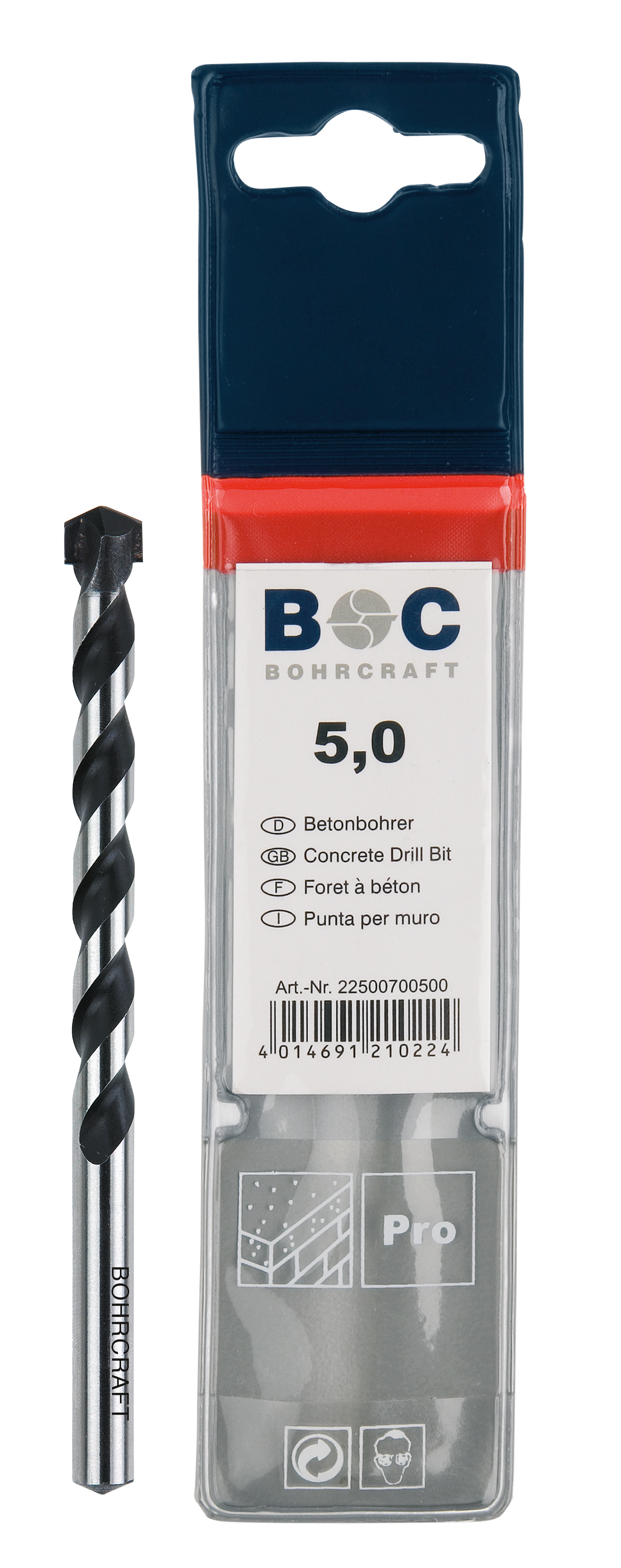 BOHRCRAFT 22500700500 Wall drill bit with MD insert, glossy black finish DIN 8039, 130° angle, ø 5.0 mm, L=85 mm, pack of 1 pc