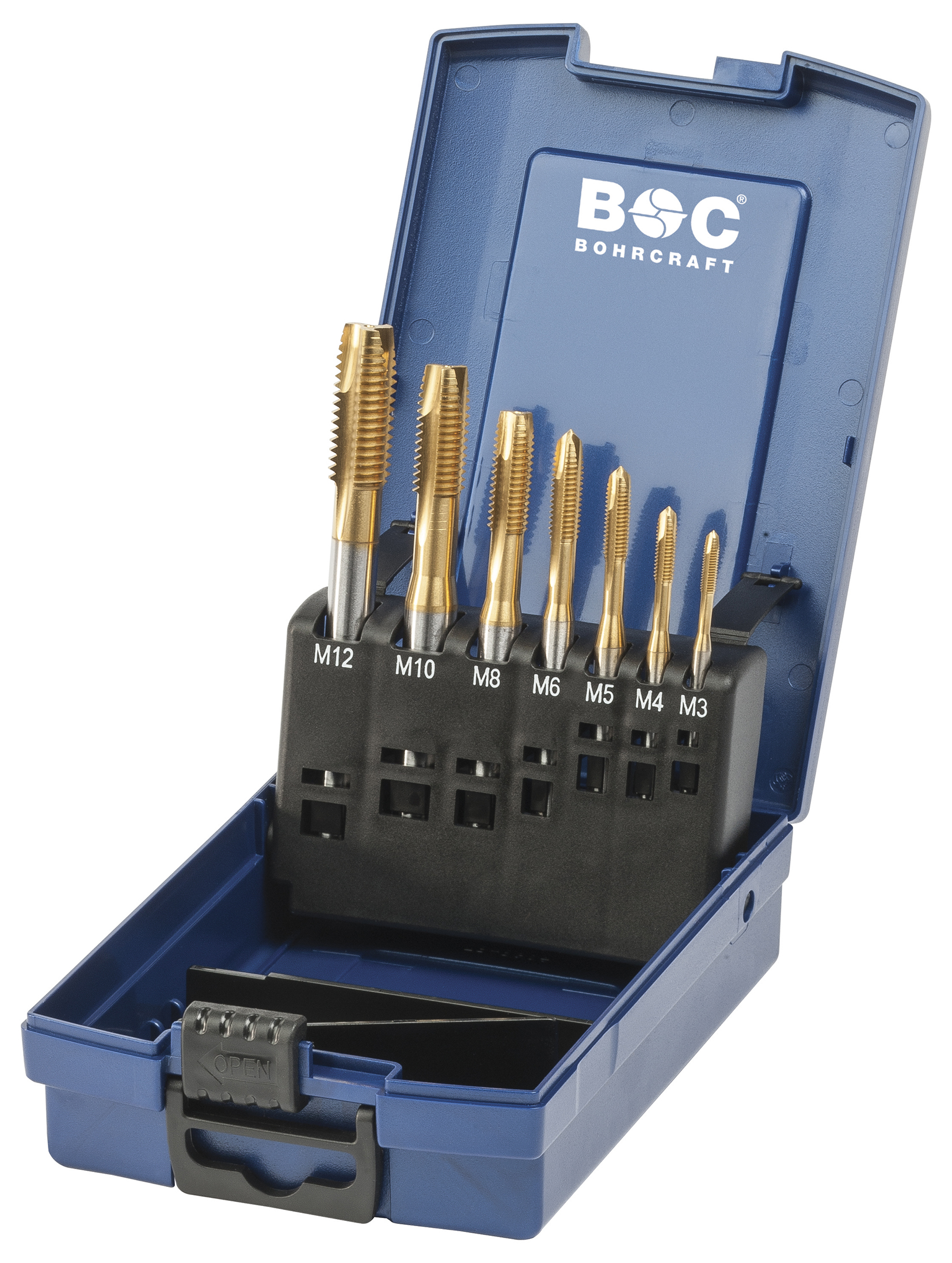 BOHRCRAFT 41571330007 HSS-Co5 TiN Machine Tap Set DIN 371, Form C/35° RSP, M3-M12, 7 pcs, ABS Case