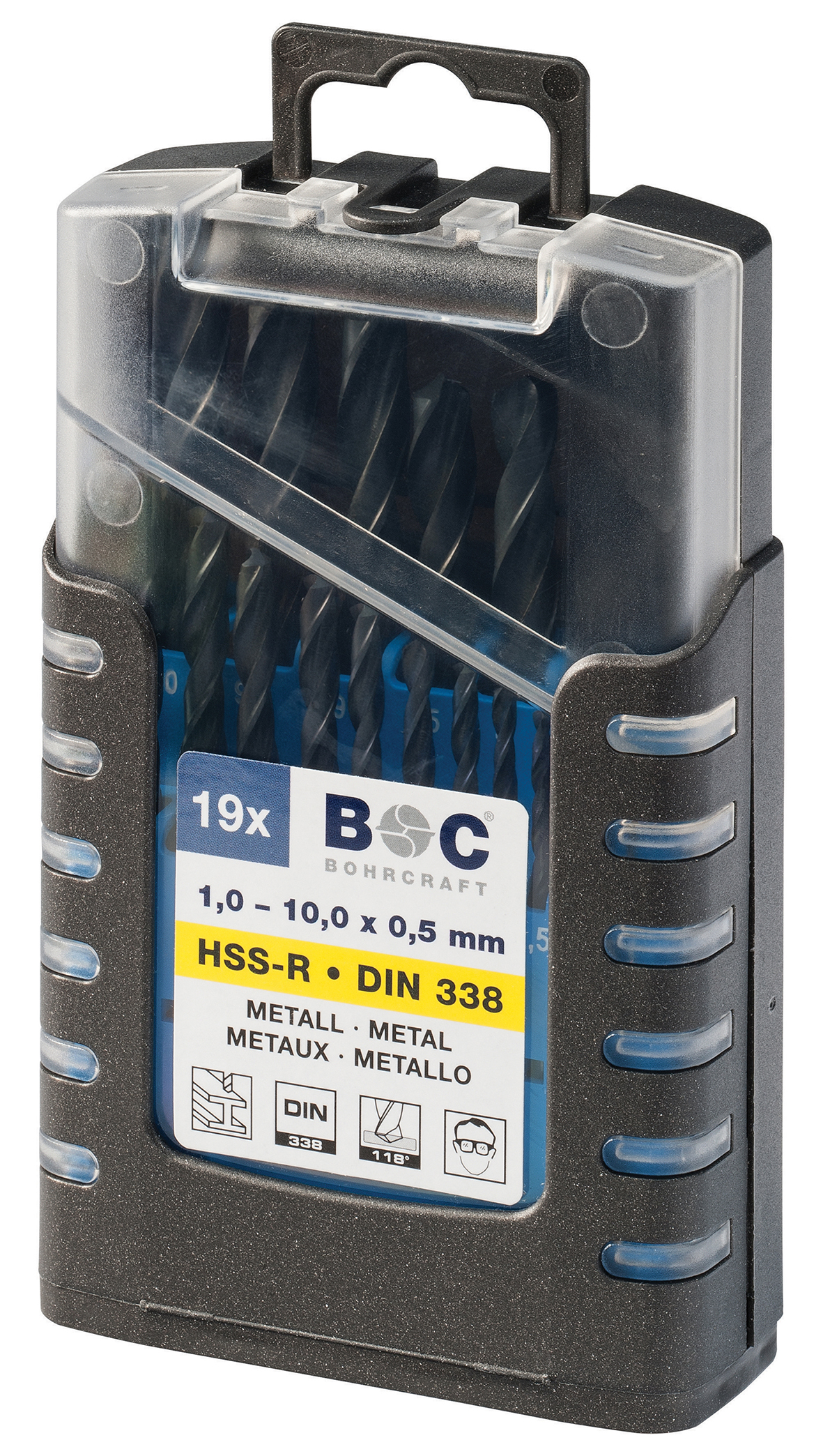 BOHRCRAFT 11001410119 Assortment of cylindrical HSS DIN 338 twist drill bits, 1-10.0 x 0.5 mm, 19 pcs. Grip box